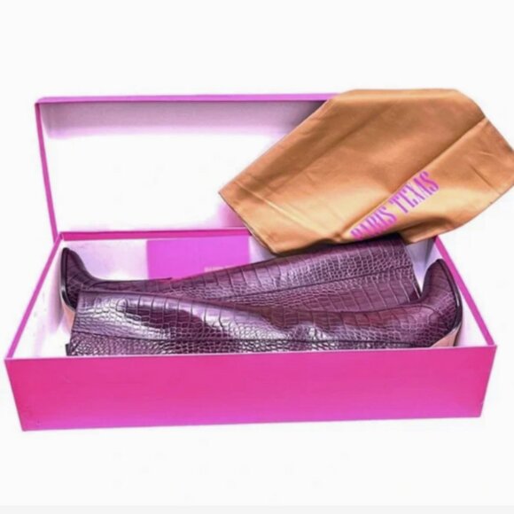PARIS TEXAS NWT Square-Toe Crocodile-Effect Leather Knee Boots in Burgundy 8.5 - Picture 3 of 15